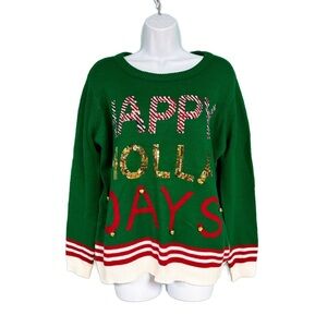 Faith & Zoe Green Red Gold Happy Holla Days Ugly Christmas Sweater Womens M